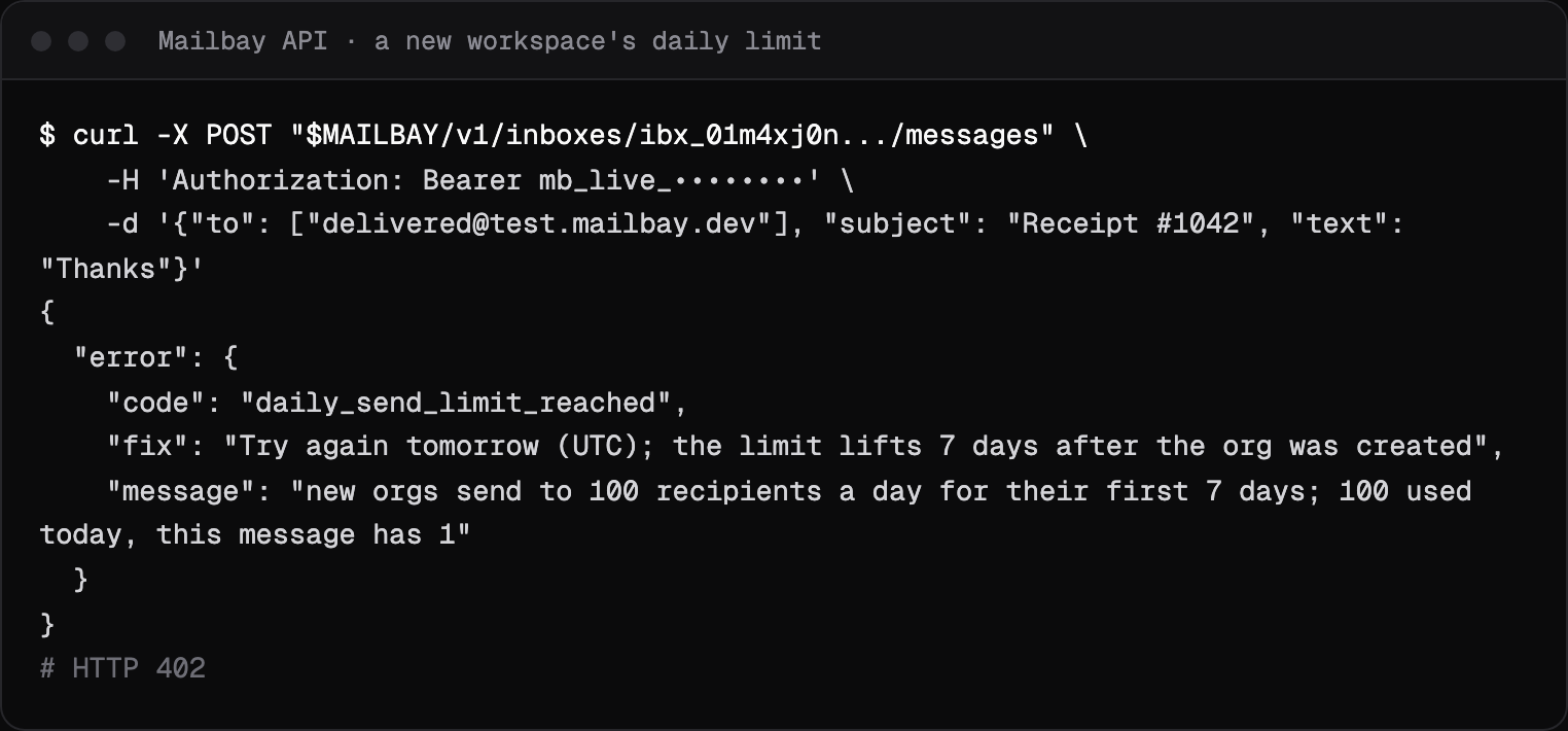 A Sukhovei Mail API response with error code daily_send_limit_reached, its message and the fix, for a workspace in its first week