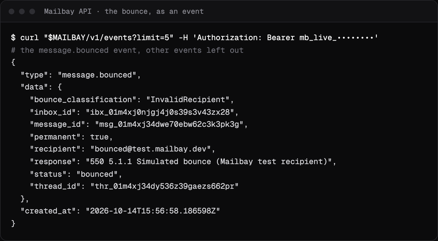 The message.bounced event from the Sukhovei Mail API, with response 550 5.1.1, permanent true and bounce classification InvalidRecipient
