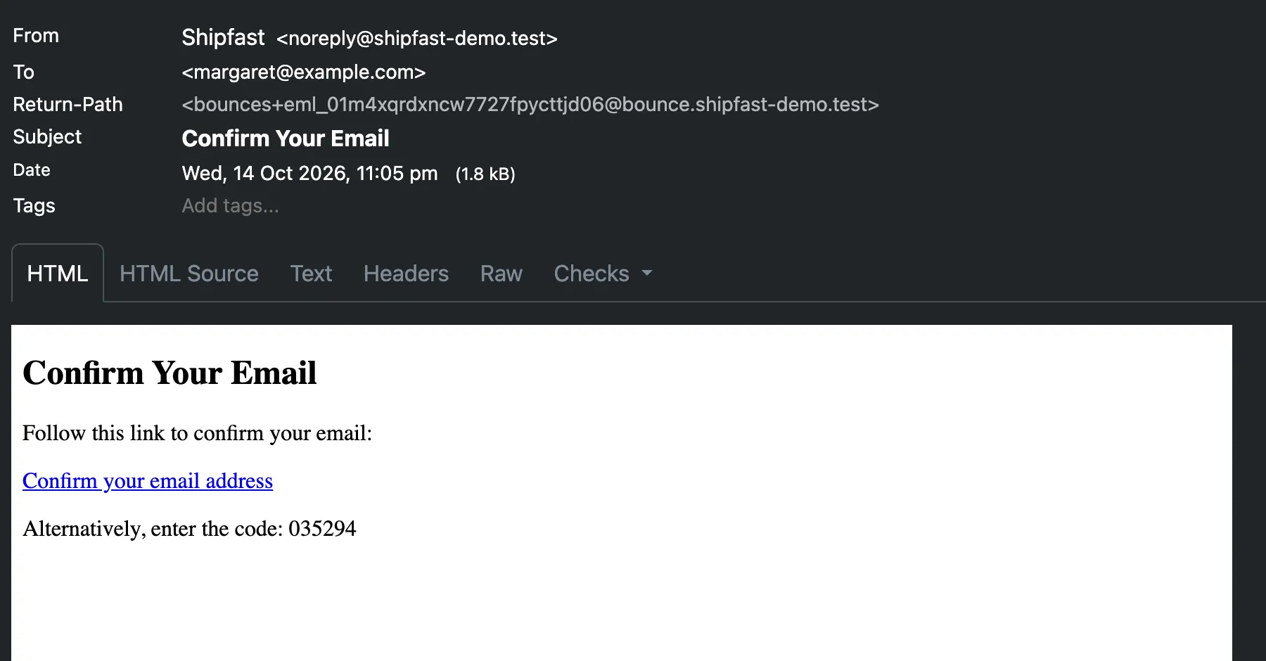 The Confirm Your Email message from Supabase Auth as received, sent by Shipfast from noreply@shipfast-demo.test with a Sukhovei Mail bounce return path