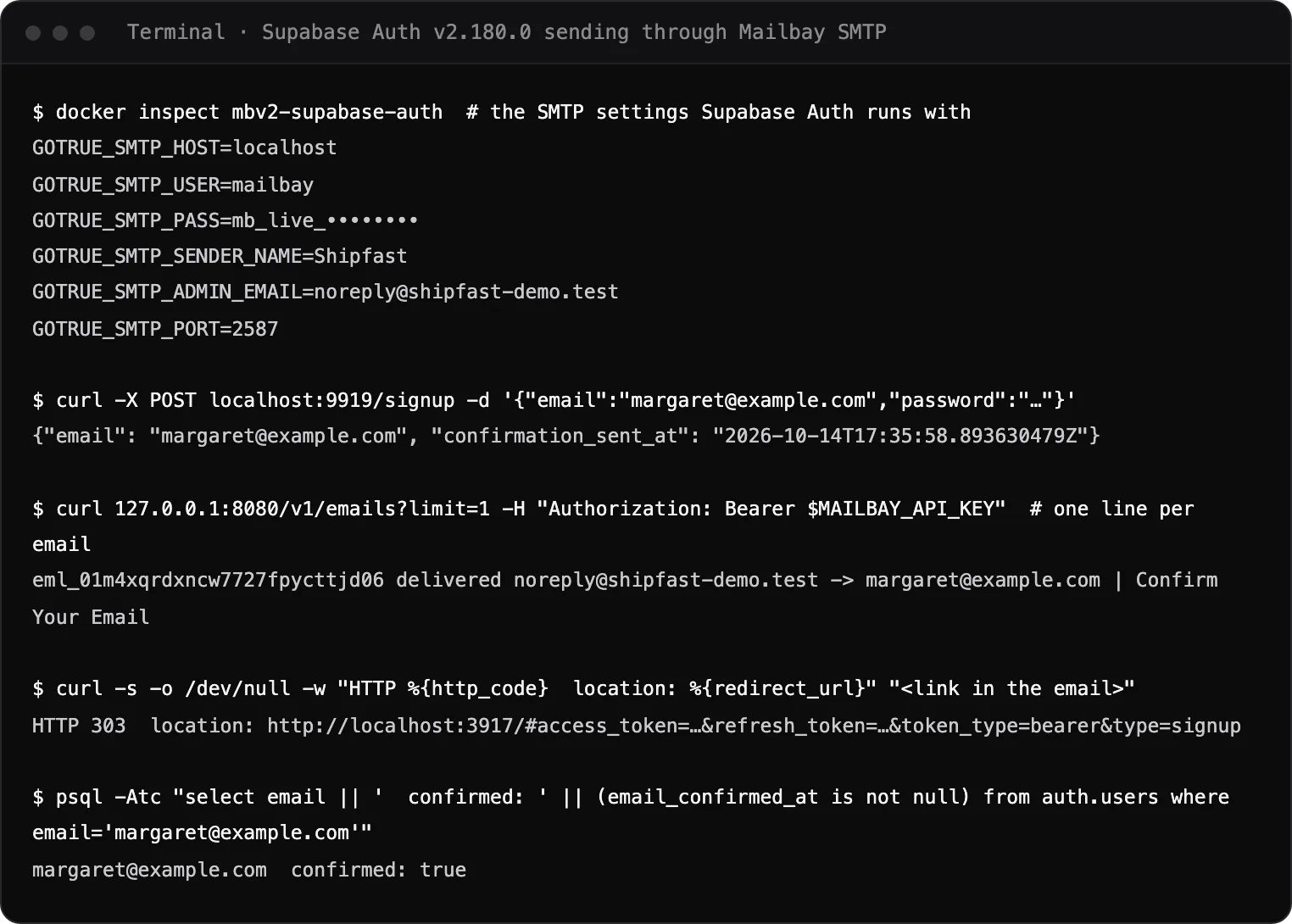 Terminal showing Supabase Auth's SMTP settings pointing at Sukhovei Mail, a sign up request, the confirmation email delivered in Sukhovei Mail's log, and the user confirmed after opening the link