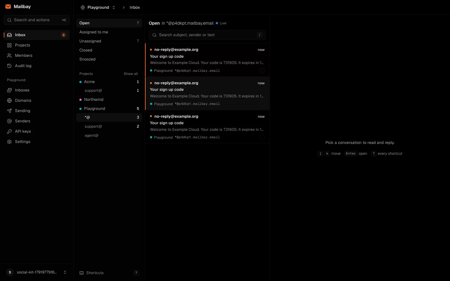 The Sukhovei Mail inbox filtered to the Catch-all, showing three sign up code emails sent to addresses that were never created