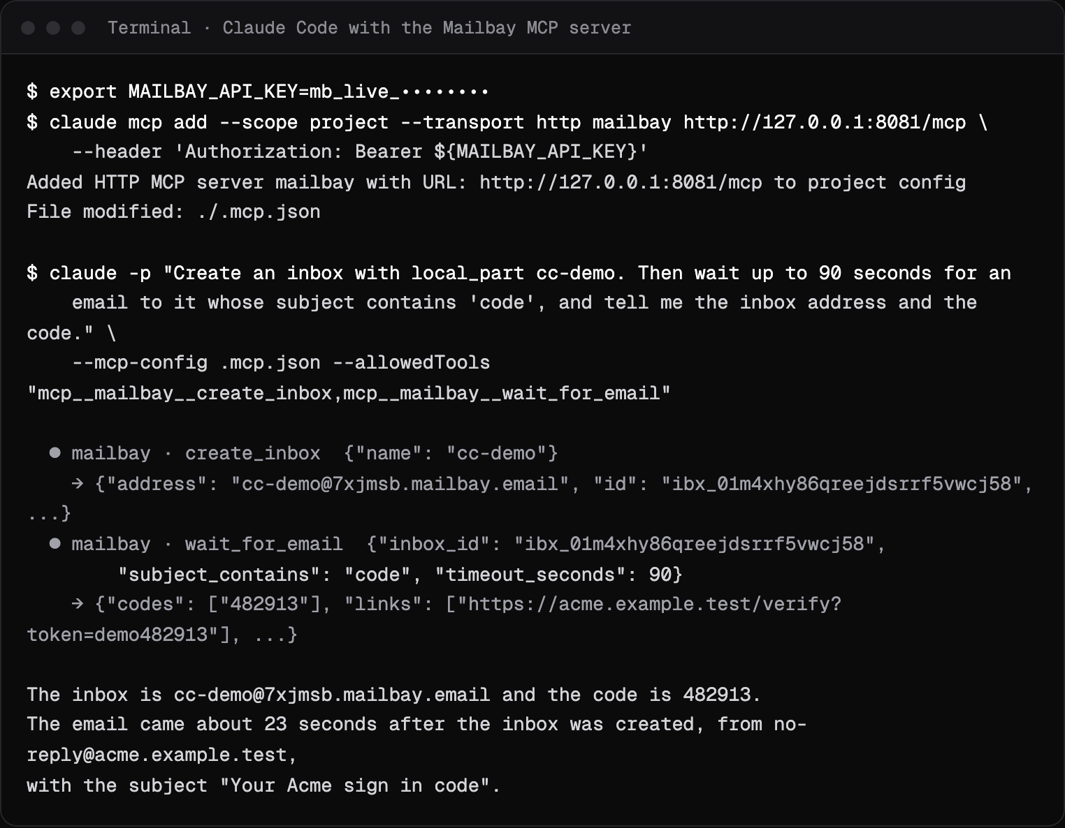 Terminal showing claude mcp add for the Sukhovei Mail MCP server, then a claude -p run that calls create_inbox and wait_for_email and prints the code 482913
