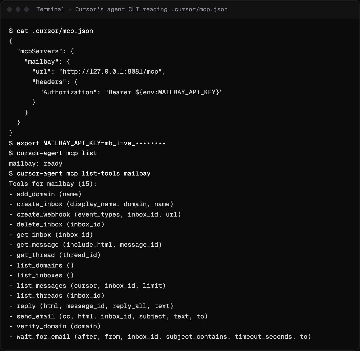 Terminal showing .cursor/mcp.json for Sukhovei Mail, cursor-agent mcp list reporting mailbay ready, and the 15 Sukhovei Mail tools with their arguments